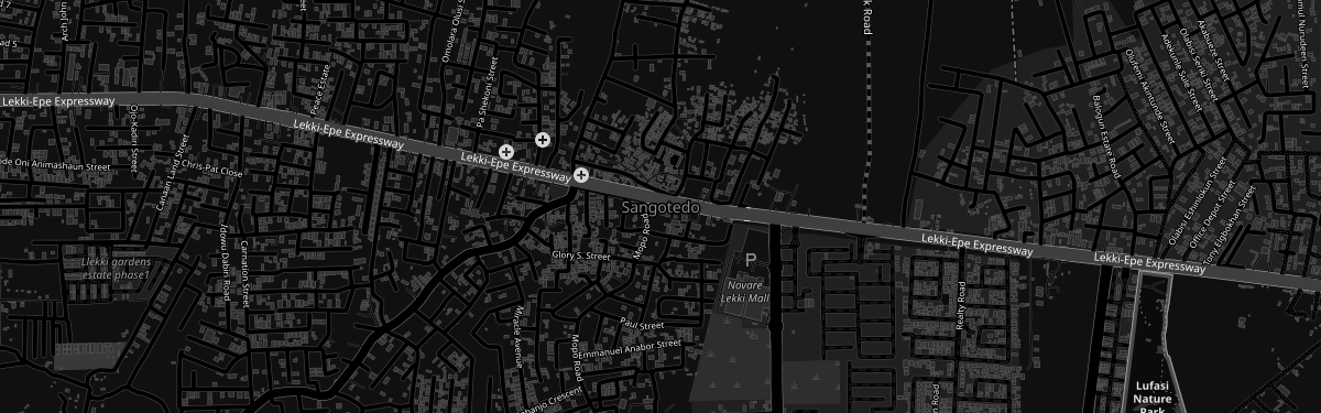 Map of Sangotedo, Lekki, showing the Lekki-Epe Expressway and the streets around the firm's office